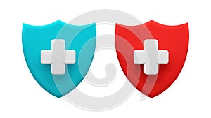 Medical Protection Shields with Cross Symbols in Blue and Red. Vector stock illustration