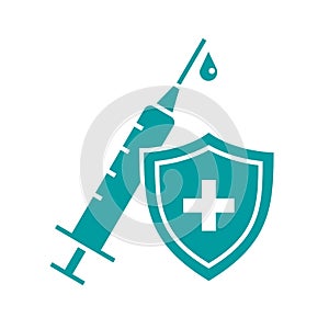 Medical protective shield with syringe icon, Treatment vaccine injection, Immunity protection concept photo