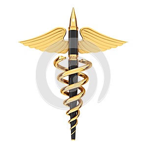 Medical Publication Concept. Golden Fountain Writing Pen as Gold Medical Caduceus Symbol. 3d Rendering