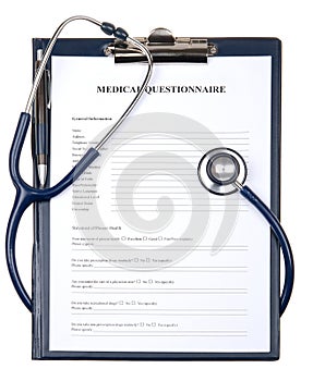 Medical questionnaire in a clipboard isolated