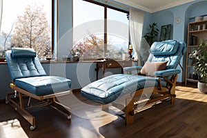 A medical recliner chair in teal blue is placed in a sunny room with a view, portraying a calm and restorative space