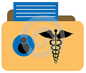 Medical records icon. Caduceus and personal health record imagery sign. Medical folder with patient history file symbol. Medical