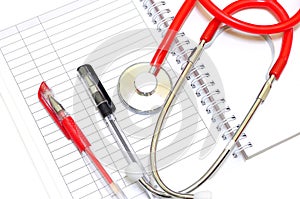 Medical records and stethoscope