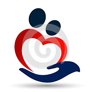 Medical red heart love clinic protect people hands life care logo design icon logo