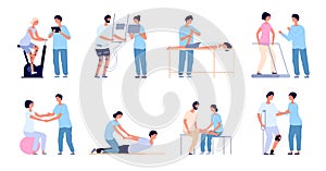 Medical rehabilitation. Flat rehab people collection, clinic of physiotherapy exercise. Disability patient, orthopedic