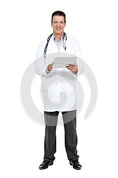 Medical reports in the modern era. Full length studio portrait of a smiling doctor holding a digital tablet and smiling