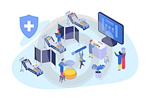 Medical research isometric, vector illustration. Hospital teamwork with patient, healthcare development. Scientist