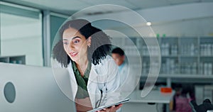 Medical, research and woman scientist with tablet and computer for online or internet results of a science project