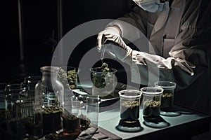 a medical researcher in a laboratory, testing different strains of marijuana for their therapeutic properties