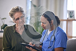 Medical, retirement and clipboard with a nurse and woman in consultation over treatment in a home. Healthcare, insurance