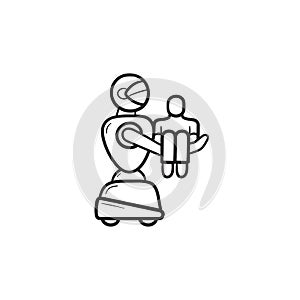 Medical robot carrying patient hand drawn outline doodle icon.