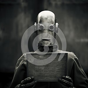 Medical Robot Holding Blank Sign Photorealistic Vintage Cinematic Portraiture