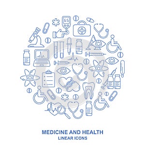 Medical round shape background with line style icons on white. Medicine and health design pattern with modern linear symbols.