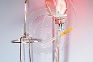 Medical saline iv drip close up .