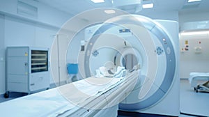 Medical scanner in radiology room in hospital, focus on bed, MRI machine in clinic interior. Theme of ct, tomography, cancer,