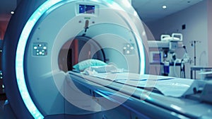 Medical scanner in radiology room in hospital, focus on bed, MRI machine in clinic interior. Theme of ct, tomography, cancer,