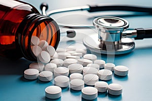 Medical scene with scattered pills, spilled bottle, and stethoscope in the background