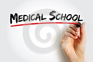 Medical School - educational institution that teaches medicine, and awards a professional degree for physicians, text concept