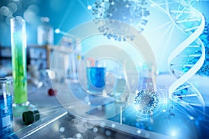 Medical science laboratory. Concept of virus and bacteria research using technology, tablet and software