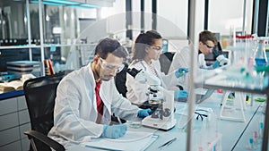 Medical Science Laboratory: Row of Diverse Team of Multi-Ethnic Young Scientists Looking Under