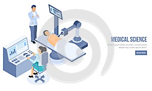 Medical Science landing page design with doctor doing check up o photo