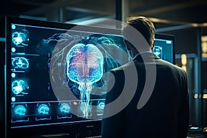 Medical scientist analyzing ct brain scan images in neurological research center