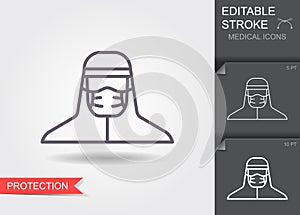 Medical scientist, bacteriologist, doctor with protective mask and protective clothes. Line icon with editable stroke photo