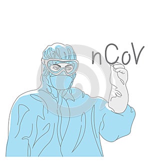 Medical scientist, bacteriologist, doctor with protective mask and protective clothes shows coronavirus CoV, pneumonia photo