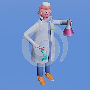 Medical scientist with a medical mask holding a glass test tube with liquid medicine or vaccine for the virus. 3D render