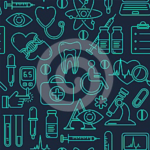 Medical seamless background with line style icons on black. Medicine and health design pattern with modern linear symbols.