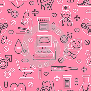 Medical seamless pattern, gynecology vector background pink color. Obstetrics, pregnancy line icons - baby ultrasound