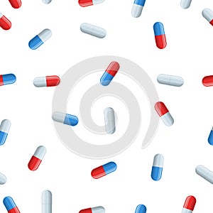 Medical seamless pattern with red, blue and white medical capsules. Pharmacology with pharmaceuticals. Medicine