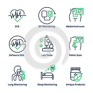 Medical services icon. Ultrasound scan, lab and ecg medical icon set