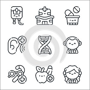 medical services line icons. linear set. quality vector line set such as doctor, healthy food, geriatrics, doctor, dna, hearing