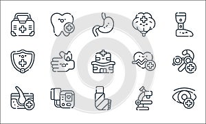 medical services line icons. linear set. quality vector line set such as ophtalmology, broken leg, dermatology, microscope, blood