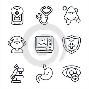 medical services line icons. linear set. quality vector line set such as ophtalmology, stomach, microscope, health insurance,