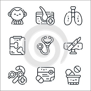 medical services line icons. linear set. quality vector line set such as pills, medical prescription, geriatrics, surgery,