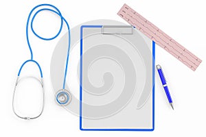Medical set (cardiogram, stethoscope, pen, pad)