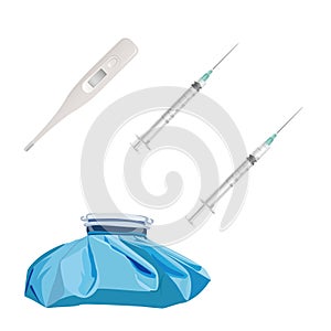 Medical set. Syringe, thermometer, hot-water bottle. Vector illustration