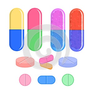 Medical set, tablet and pills vector illustration