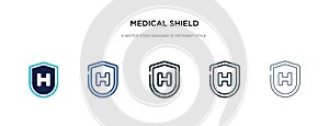 Medical shield icon in different style vector illustration. two colored and black medical shield vector icons designed in filled,