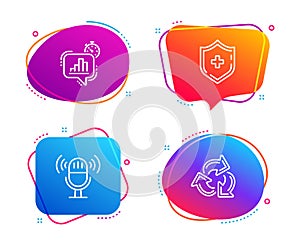 Medical shield, Microphone and Statistics timer icons set. Recycle sign. Vector