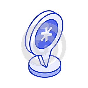 Medical sign inside map pin denoting concept isometric icon of hospital location