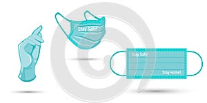 Medical single use gloves and masks for pandemic outbreak protection. Blue medical equipment latex glove and two medical