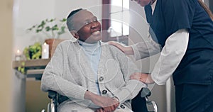 Medical, smile and a nurse talking to an old woman in a wheelchair for trust, care or assistance. Healthcare, support