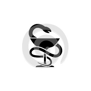 Medical Snake and Cup, Caduceus Pharma. Flat Vector Icon illustration. Simple black symbol on white background. Medical Snake Cup