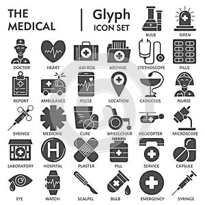 Medical solid icon set, Health symbols collection or sketches. Medicine glyph style signs for web and app. Vector