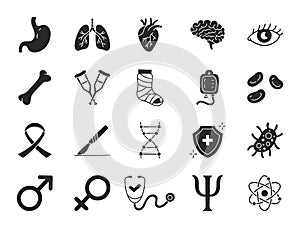 Medical specialization doodle illustration including flat icons - urology, cardiology, heart, pulmonology, immunologist