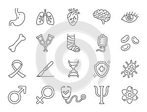 Medical specialization doodle illustration including icons - stomach, urology, cardiology, heart, pulmonology