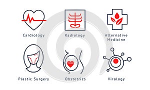 Medical specialization symbols set, cardiology, radiology, alternative medicine, plastic surgery, obstetrics, virology